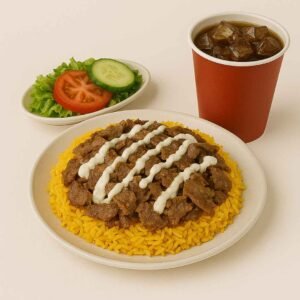 Halal Lamp Over Rice, Side Salad & Drinks.