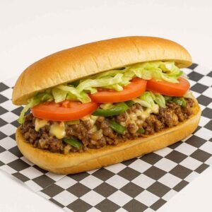 Hyper-realistic Chopped Cheese Sandwich on check deli paper with seasoned beef patty, melted cheese, grilled peppers and onions, topped with lettuce, tomato, and mayo on a toasted hero roll. Perfect chopped cheese or lunch near me in Newport News.