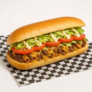 Hyper-realistic Chopped Cheese Sandwich on a fresh 12" hero roll with melted cheese, beef, lettuce, tomato, and mayo on check deli paper. Perfect Build Your Own Chopped Cheese Sandwich near me in Newport News.