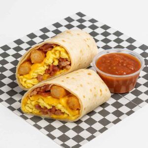 A hyper-realistic image of a Classic Breakfast Burrito cut in half, filled with scrambled eggs, crispy tater tots, melted cheese, and bacon, served with a side of salsa on black-and-white checkered deli paper. Perfect for anyone searching for a Burrito near me in Newport News