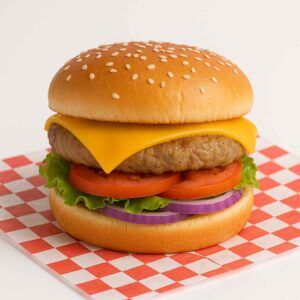 Hyper-realistic Turkey Burger with Cheese on check deli paper with a savory turkey patty topped with melted American cheese, fresh lettuce, tomato slices, and red onion rings on a sesame seed bun. Perfect turkey cheeseburger or lunch near me in Newport News.