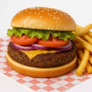 Hyper-realistic Veggie Burger on check deli paper with a savory veggie patty topped with melted cheese, crisp lettuce, tomato slices, and red onion rings, served on a sesame seed bun with golden fries. Perfect veggie burger or lunch near me in Newport News.