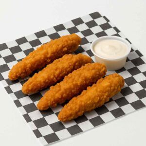 Hyper-realistic Chicken Tenders on check deli paper, four golden-brown crispy all-white-meat tenders served with a side of dipping sauce. Perfect chicken tenders or lunch near me in Newport News.