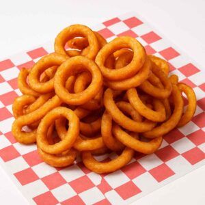 Hyper-realistic Curly Fries on check deli paper, golden brown and crispy with a fun spiral shape, perfectly seasoned. Ideal side dish or snack near me in Newport News.